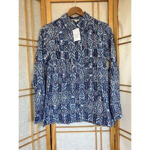 Appleseeds Women’s SM Blue Crinkled Cotton Geometric Print Button Down Shirt NWT